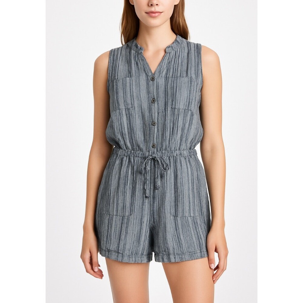 Kelly Renee black gray one piece button up romper elastic waist with pockets